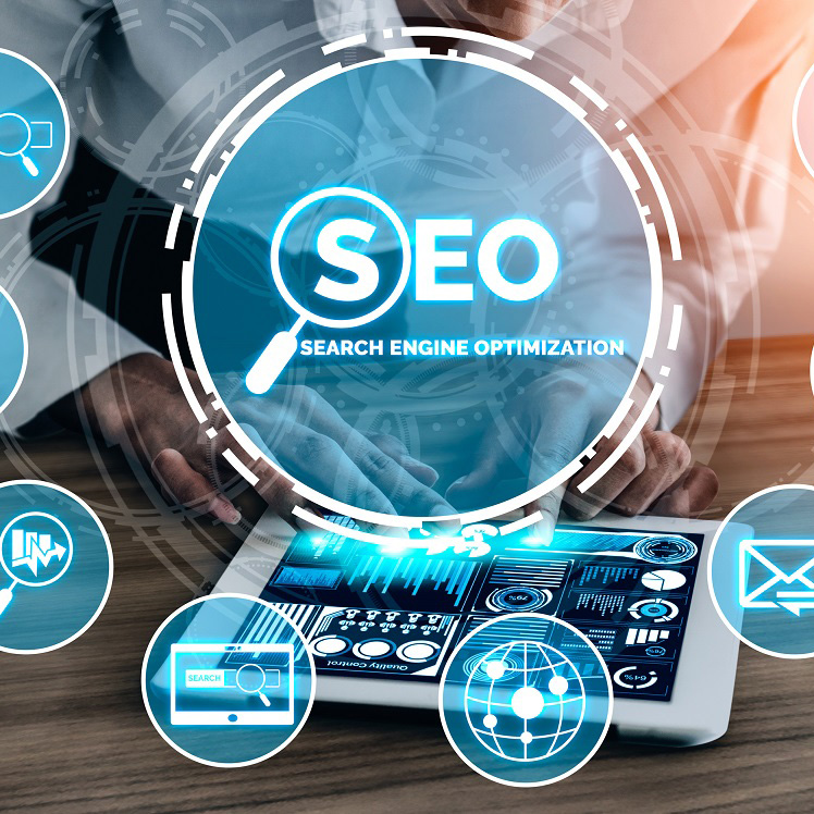 SEO - Search Engine Optimization for Online Marketing Concept. Modern graphic interface showing symbol of keyword research website promotion by optimize customer searching and analyze market strategy.